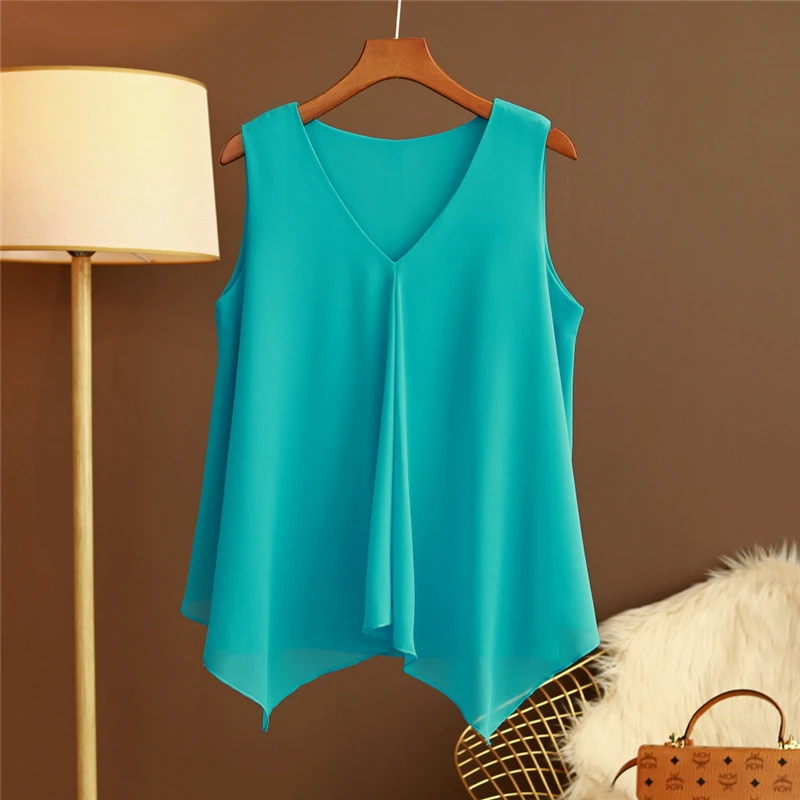 Fashion Women Chiffon Blouses Ladies Tops Loose Sleeveless V Neck Shirt Blusas Femininas Plus Size M-5XL Female Clothing XZ808