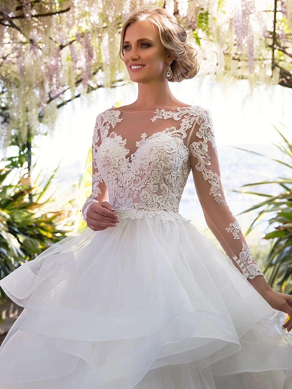 Vestidos de novia de tul con cuello redondo, mangas completas, Espalda descubierta, apliques, cuentas, 2020