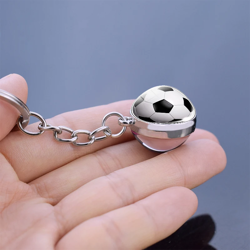 Fashion Glass Ball Keychain Football Basketball Baseball Volleyball Tennis Rugby Softball Picture Glass Pendant Metal Keyring