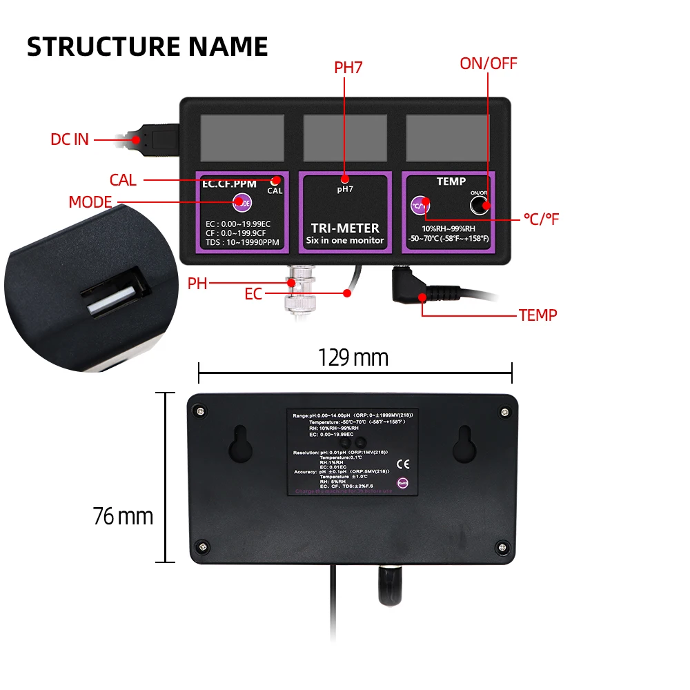 6 in 1 Digital PH Meter Water Quality Tester Professional Aquarium Monitor Multi-parameter for Test PH Temp EC CF RH TDS
