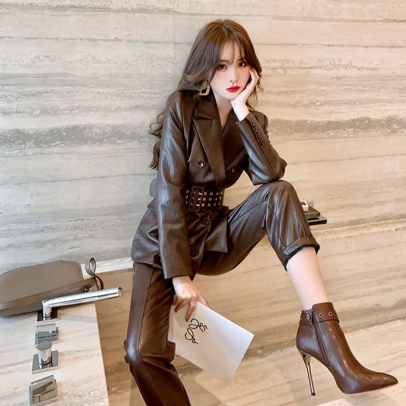 Women Fashion Business Work Pu Leather Blazer Jacket Pencil Pants Two Piece Set Belted Slim Fit Office Ladies Suit Matching Sets