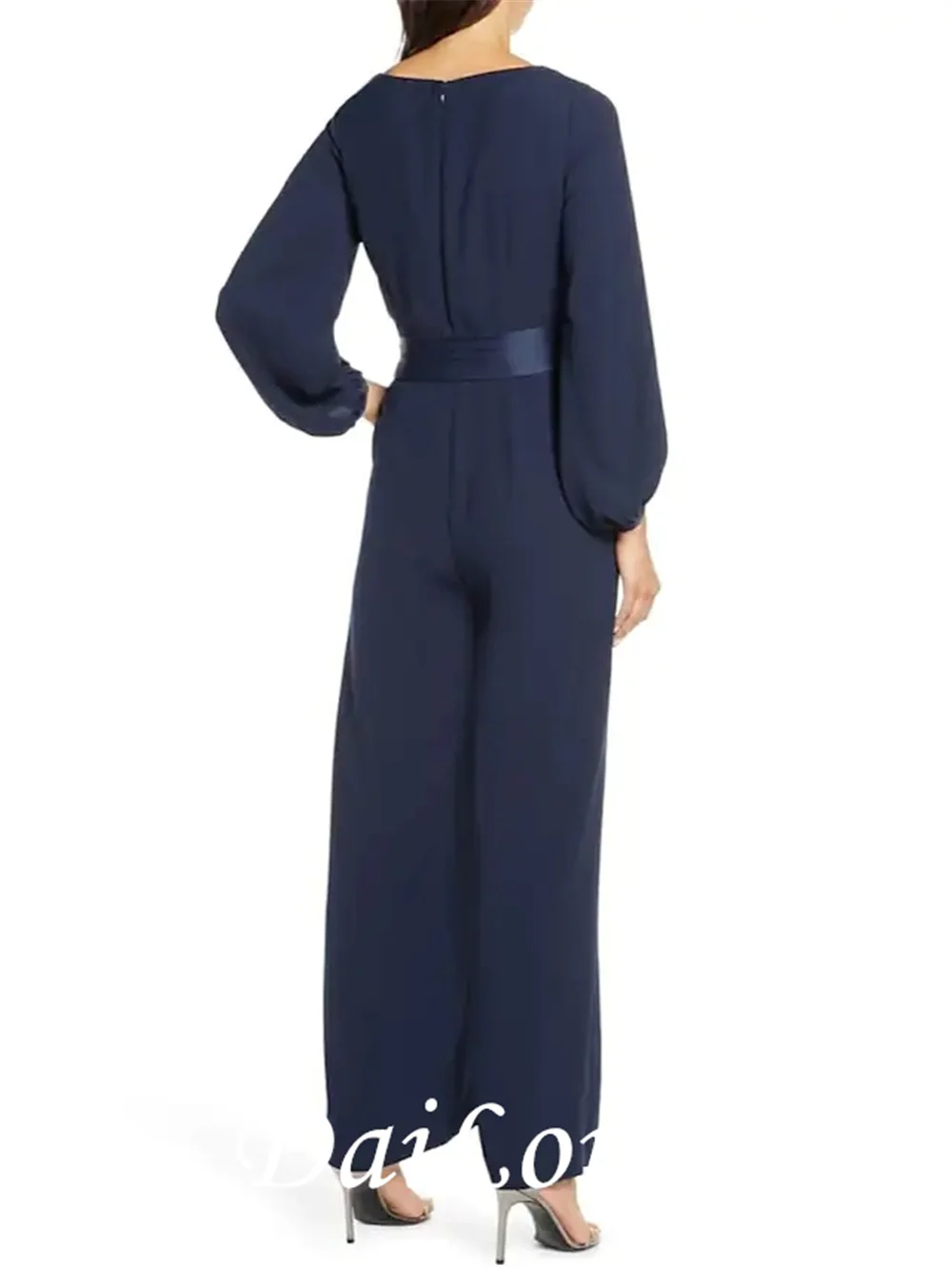 Pantsuit / Jumpsuit Mother of the Bride Dress Jumpsuits V Neck Ankle Length Polyester Long Sleeve with Sash / Ribbon 2021