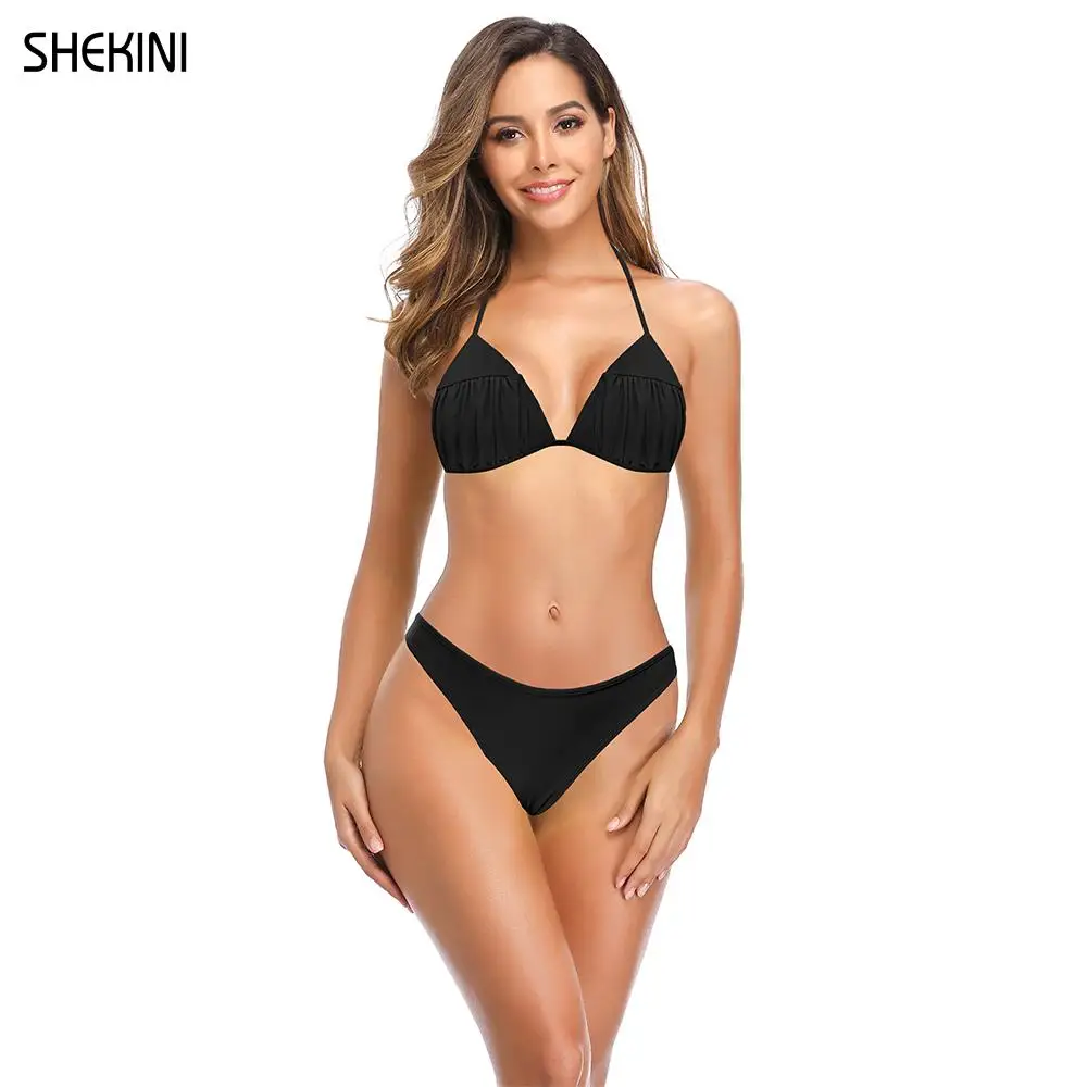 

SHEKINI Women's Halter Triangle Ruched Bikini Set Solid Bathing Suit Low Waist Swim Bottom Two Piece Swimsuits Beach Swimwear