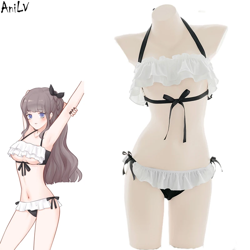 AniLV Anime Lolita Girl Beach Bikini Swimsuit Costume Women Kawaii Sexy Chiffon Ruffle Pajamas Unifrom Lingerie Cosplay