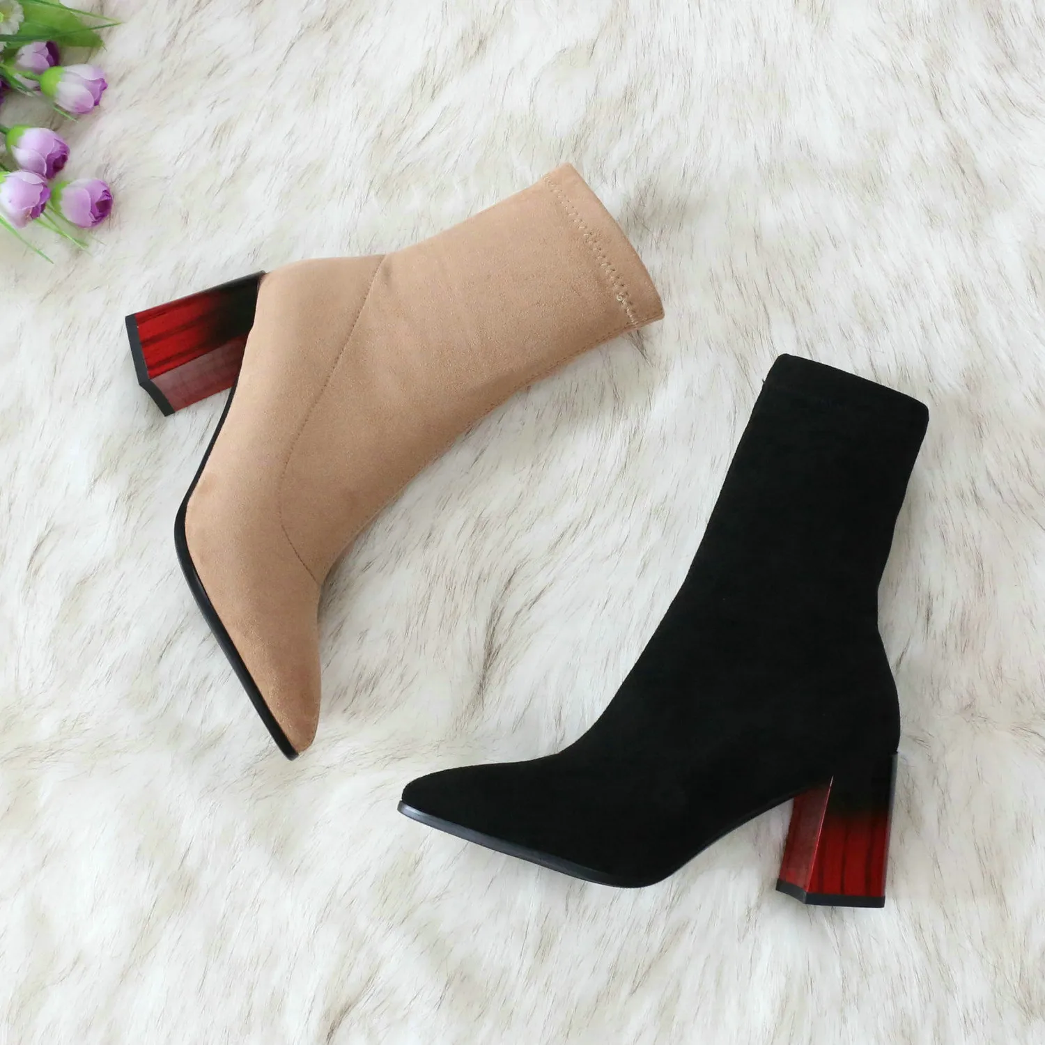 ESVEVA Pointed Toe Sexy High Heels Woman Autumn Winter Fashion Ankle Boots Elastic Flock Slip on Women Shoes Size 34-43