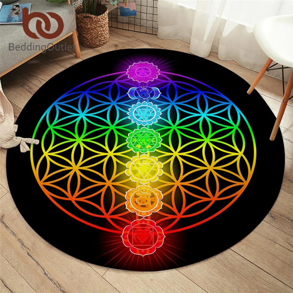 

BeddingOutlet Chakra Round Carpets For Living Room Zen Theme Home Carpet Colorful Flower of Life Bedroom Floor Mat Home Decor