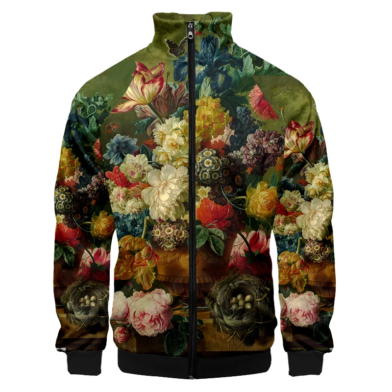 Colorful Flowers Retro Winter Male Jacket For Men Varsity Stand-up Collar Jacket Coat Streetwear Long Sleeve Fashion Zipper Up