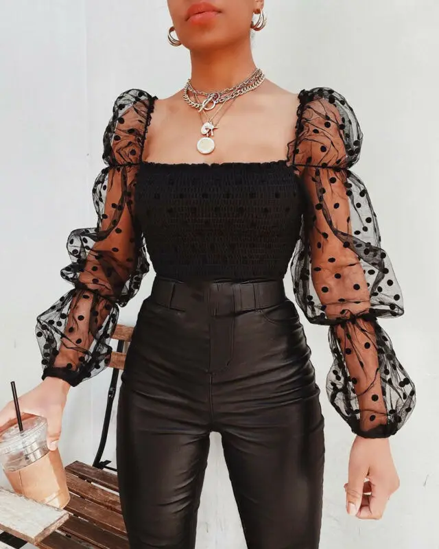 Sexy Women Wrinkled Backless Blouse Shirt Mesh Sheer Puff Sleeve Wrap Chest Tops 2020 Spring Summer Ladies Dots Blouse