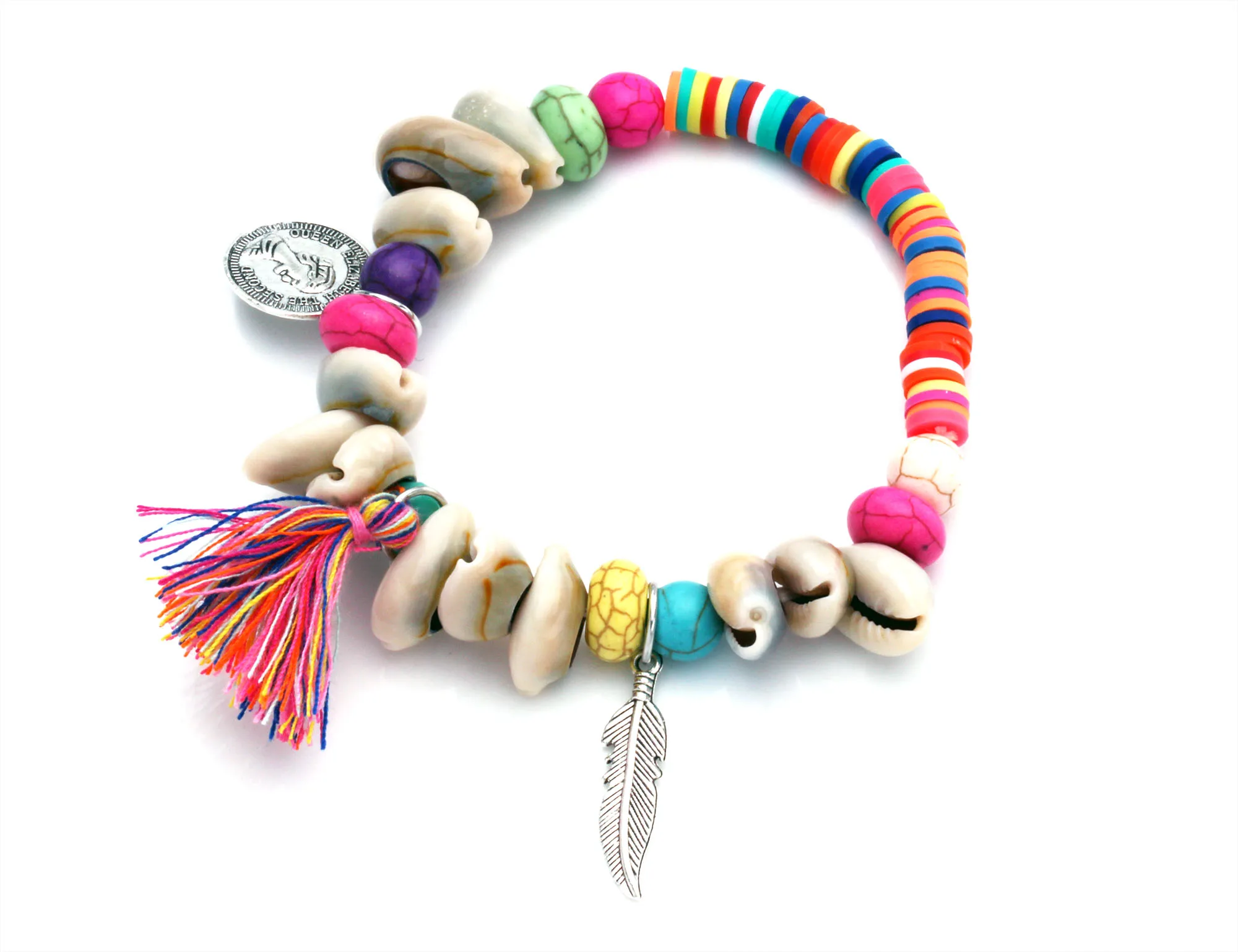 Colorful African Vinyl Heishi Polymer Clay Seashell Stretch Bracelet Women Men Boho Tassels Feather Beauty figure Surf Jewelry