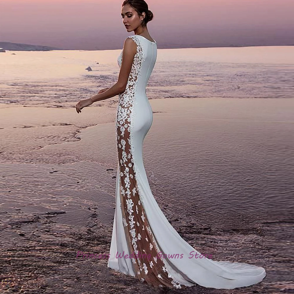 Robe de mariée sirène en dentelle latérale bohème pour la mariée, encolure dégagée, fermeture à glissière au dos, train de balayage en fibre, robe de patients civils, fête sur la plage