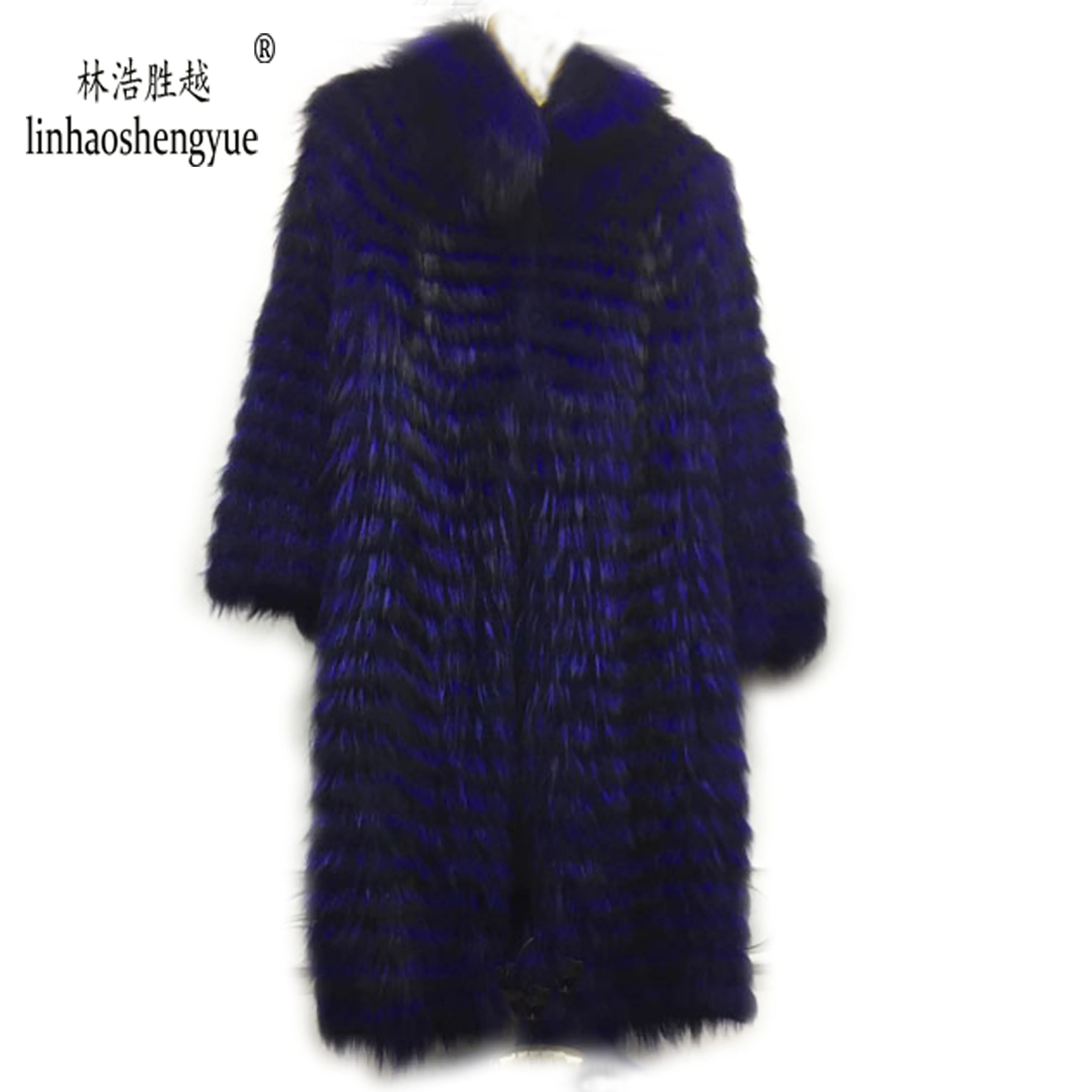 Linhaoshengyue  90cm Long Real Silver Fox  Nature Fur Coat  Wool  Knit Liner,Stylish Stand Collar