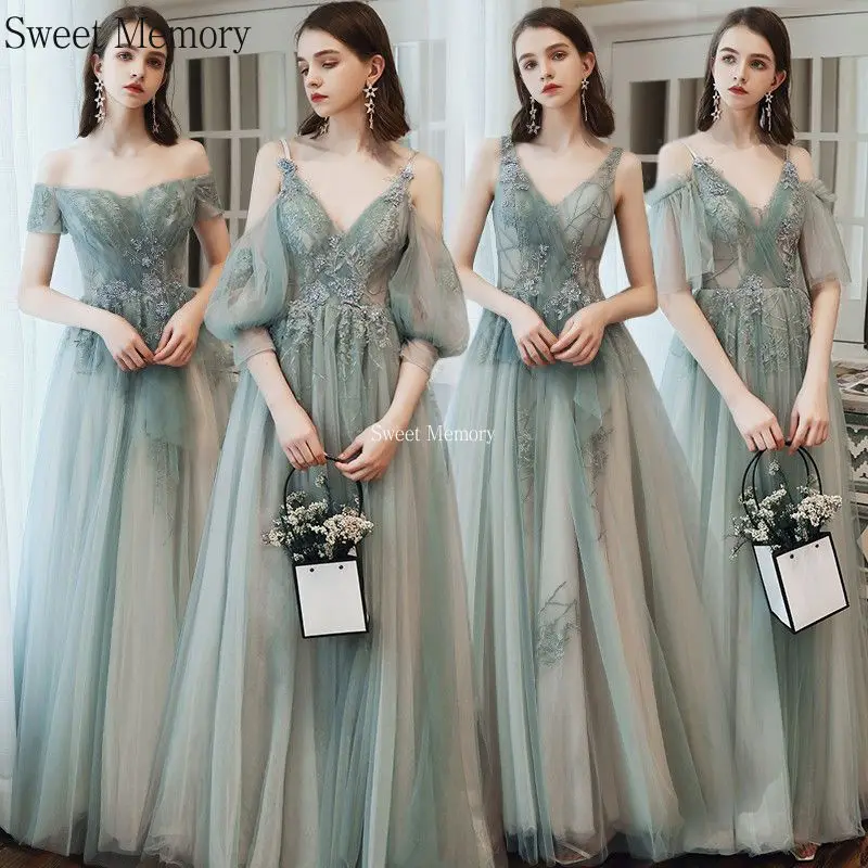 Até o chão vestidos de dama de honra longo vestido de tule doce memória apliques rendas até vestido formal sexy feminino prom party casamento robe