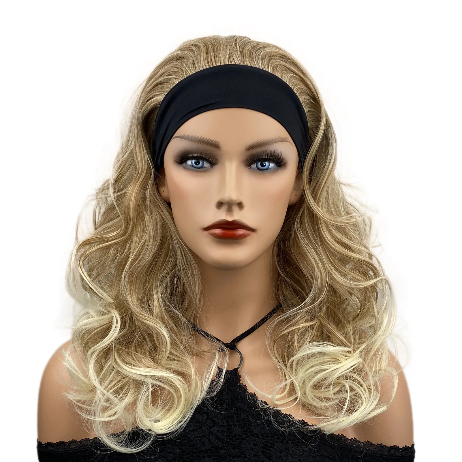 Aimolee Headband Wig Blonde Highlights Long Curly Synthetic Wigs for Women