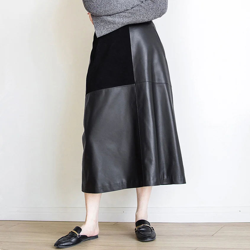 

2023 New Arrival Autumn Winter Genuine Leather Real Skeepskin Long Skirts Mid Length Maxi Skirt Women Fashion High Street Skirt