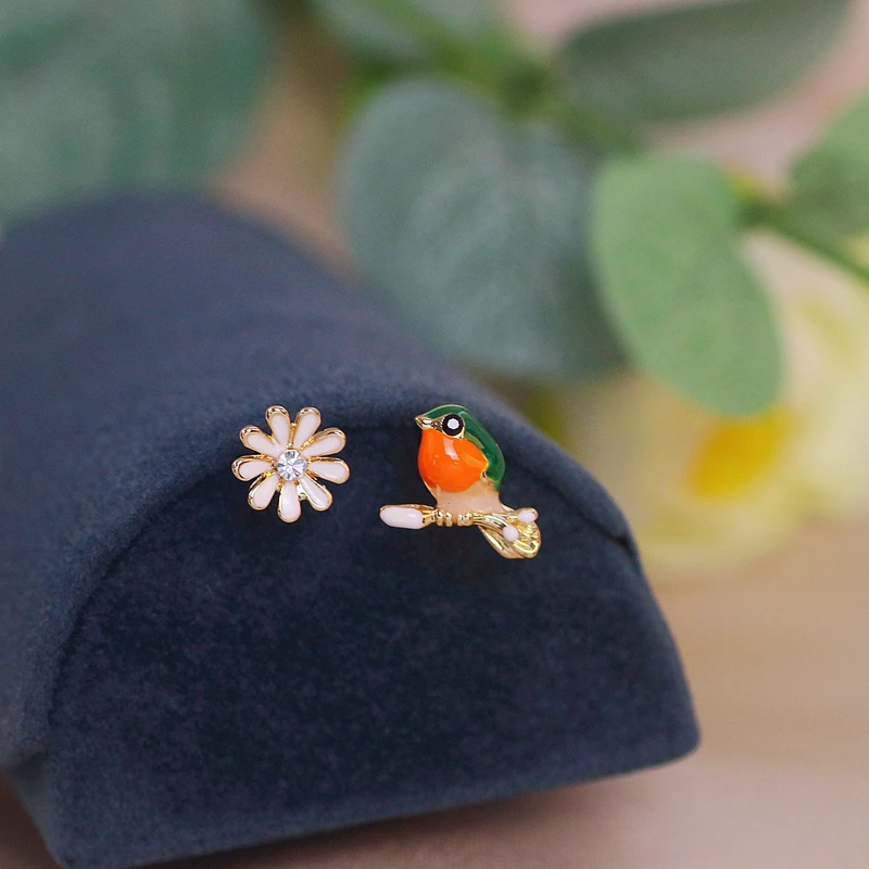 Korean Cute Rhinestone Animal Stud Earrings for Women Girls Painting Oil Lovely Flower Stud Earrings Birthday Party Jewelry Gift