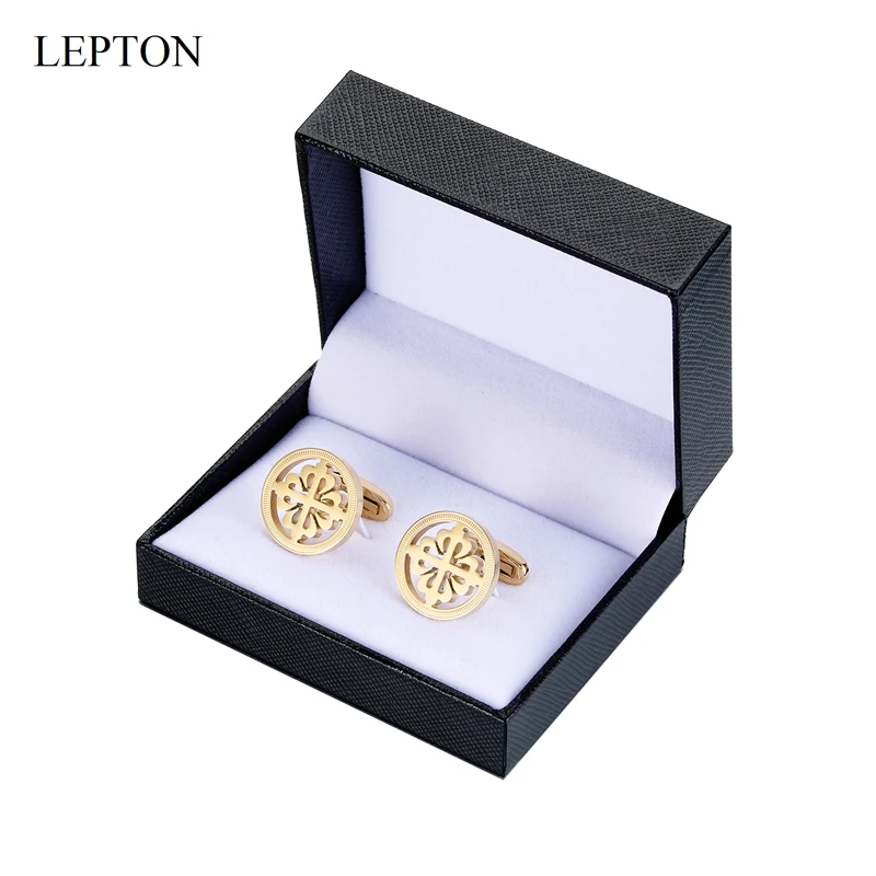 Mens 18K Gold Plated Crusaders Cufflink Stainless Steel Round Cufflinks for Men Wedding Groom Business Cuff Links Gemelos Lepton