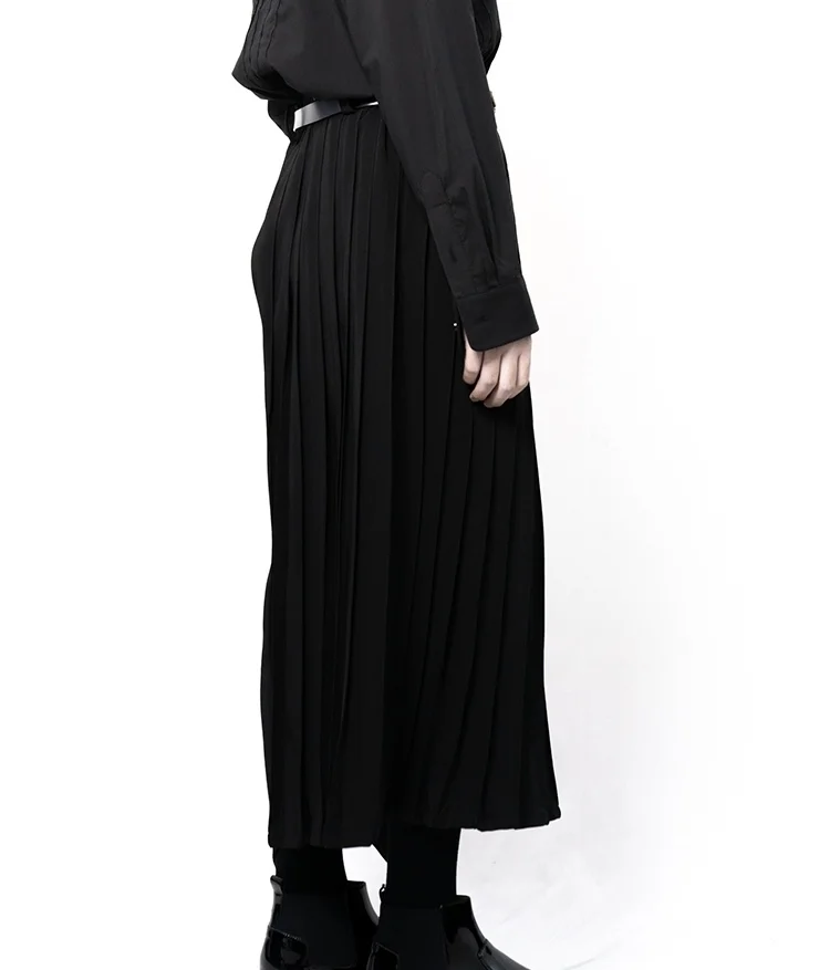 New Spring/Summer Japanese Men's Casual Trousers Wide Leg Trousers Culottes Single Leg Pleated Asymmetric Black Trousers