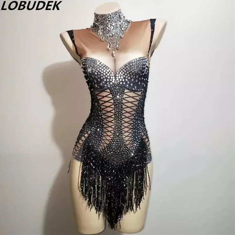 

Sexy Elastic Sleeveless Rhinestones Black Fringe Bodysuit Nightclub Bar DJ Singer Pole Dancing Leotard Stage Wear Tassel Costume