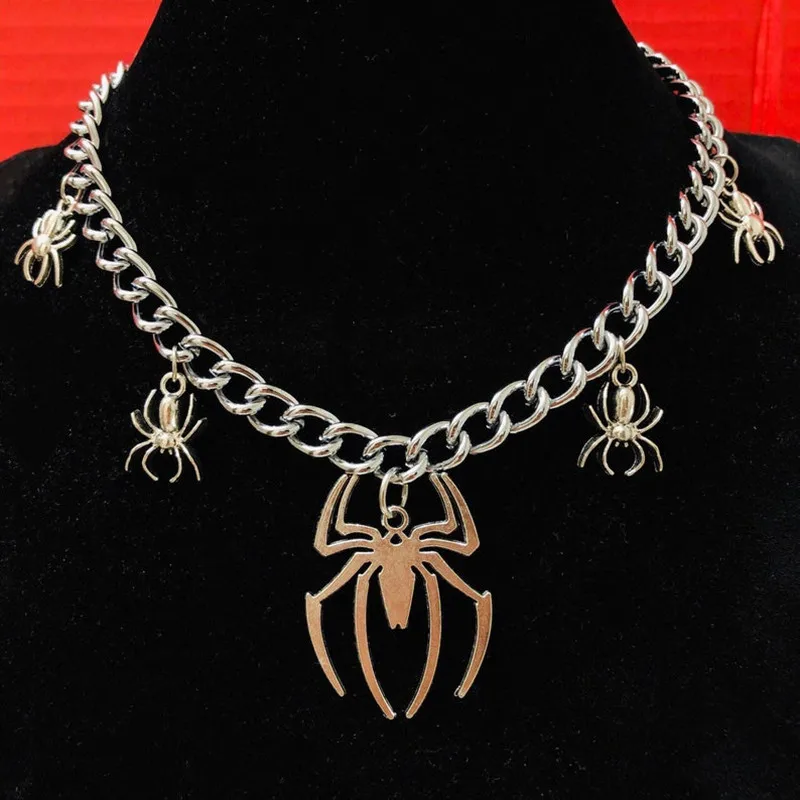 Spider Choker Necklace Spooky Creepy Mother Babies Spiders Cuban Curb Chain Insects  Men Women Unisex Punk Gothic Jewelry