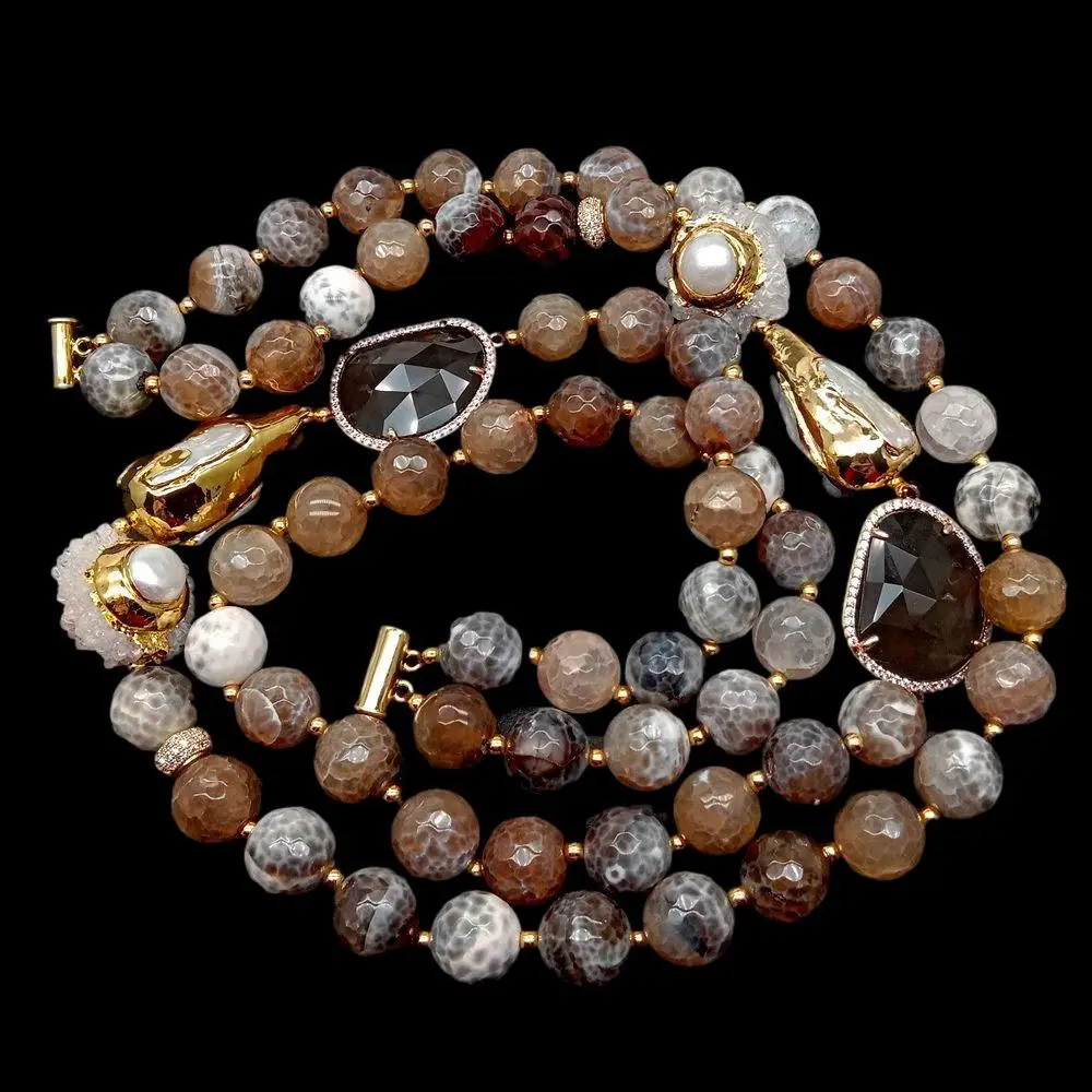 Y·YING 2 Strands 12mm Faceted Round Brown Fire Agates Crystal Pearl Quartz Druzy Choker Necklace 21\