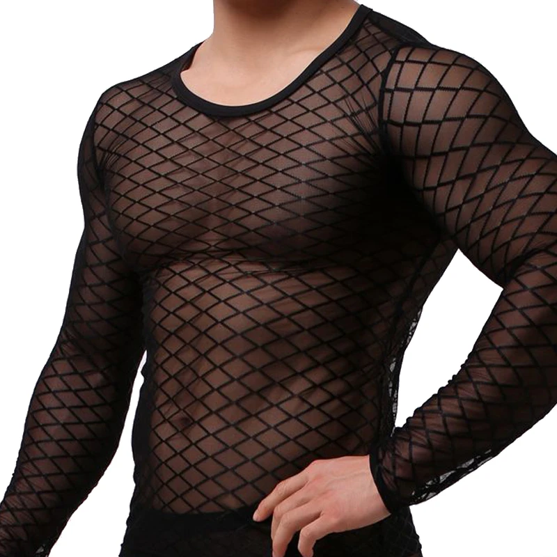 

CLEVER-MENMODE Mens Sexy Mesh Transparent SleepWear Long Sleeve Erotic Grid Fishnet Sheer Thin Stretch Sleep Tops Undershirt