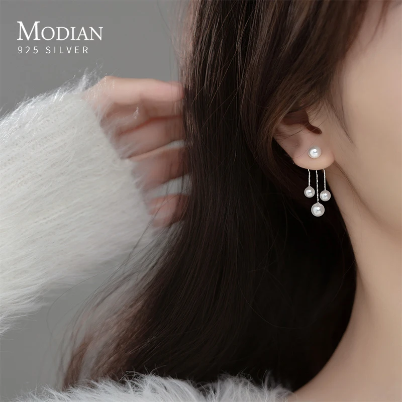 

MODIAN Real 925 Sterling Silver Charm Pearl Drop Earrings Fashion Gold Color Swing Dangle Eari For Women Fine Female Jewelry