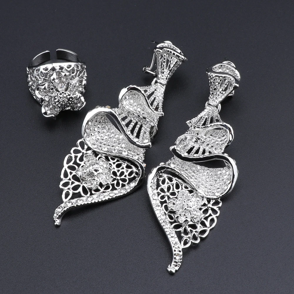 CYNTHIA African Nigerian Wedding Bridal Jewelry Sets Dubai Silver Plated Crystal Necklace Bracelet Earrings Ring Set for Women