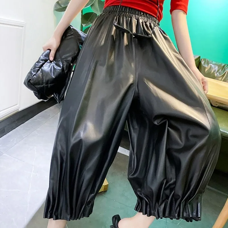 Women Natural Leather Harem Pants Streetwear Casual Wide Leg Pants Elastic High Waist Loose Office Calf-Length Pants