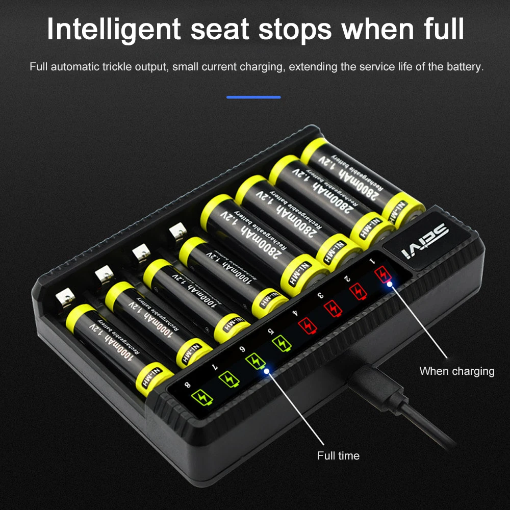 8 Slot Smart Battery Charger DC 5V LED Display Ni-MH Battery Charger with USB  Port for AA/AAA NiMH Rechargeable Batteries