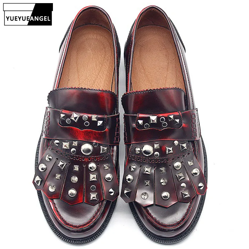New Mens Wine Red Genuine Leather Slip On Loafers Shoes Spring Wedding Formal Rivets Studded Tassels Flats Moccasin Dress Shoes