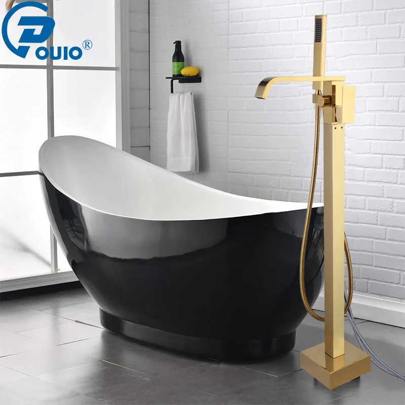 

OUIO Gold Plated Floor Mounted Bathtub Shower Faucet Freestanding Bathroom Crane with Handshower Hot Cold Water Mixer Tap