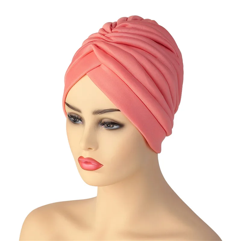 Twisted Turban Caps for Women Handmade African Auto Gele Headtie Soild Color Women\\'s Head Wraps Muslim Headscarf Hijab Bonnet