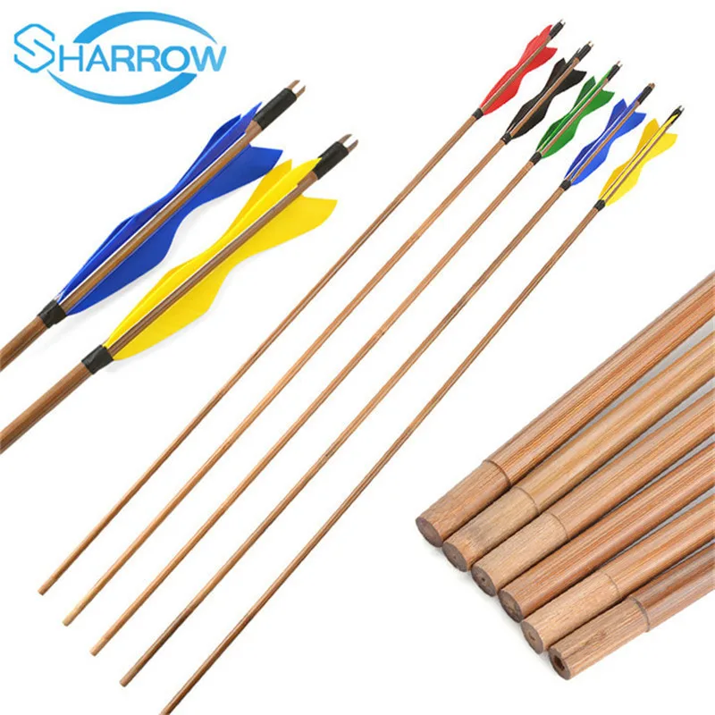 

6pcs 32.8" Shooting Bamboo Arrow with 5" Turkey Feathers OD8mm Elf Feather Bamboo Arrows for Longbow Traditional Hunting Archery