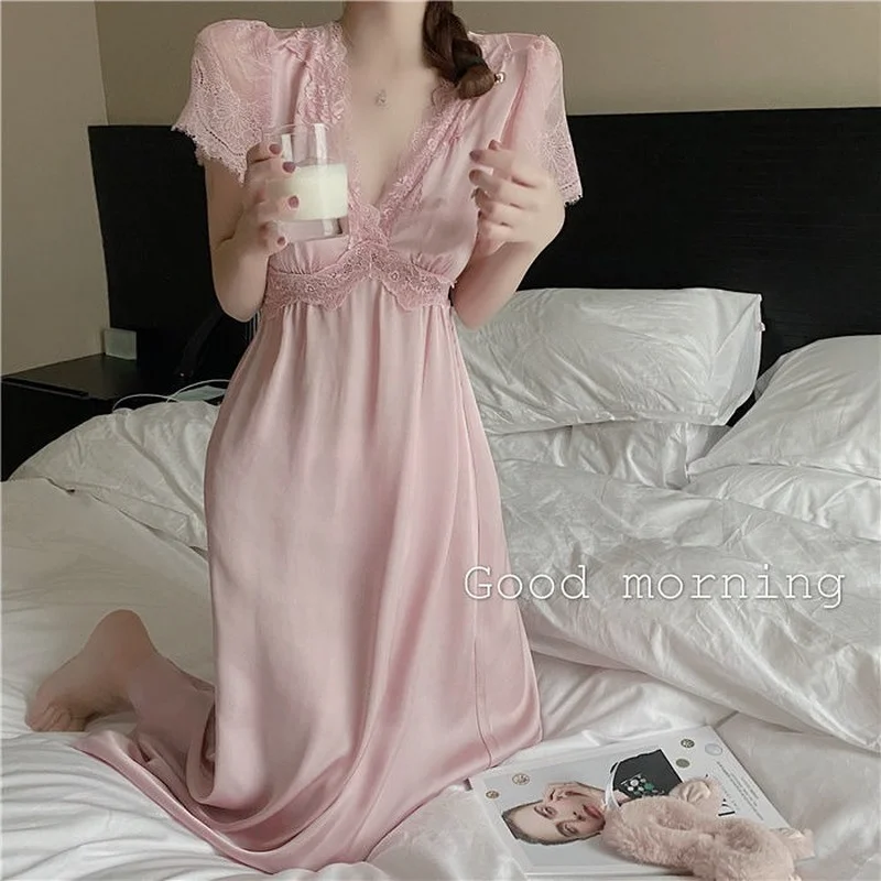 Women Nightgowns Sexy Elegant Slim V-neck Lace Solid Stylish High Waist Cozy Breathable Sleepshirts Female Chic Retro Ulzzang