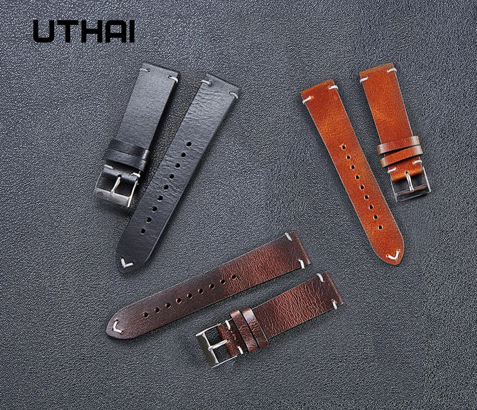 High quality Leather loop Band 20mm 22mm Smart Retro Calfskin Oil Wax Leather Ultra-thin Soft Sports Watch Strap UTHAI F07+ 2021