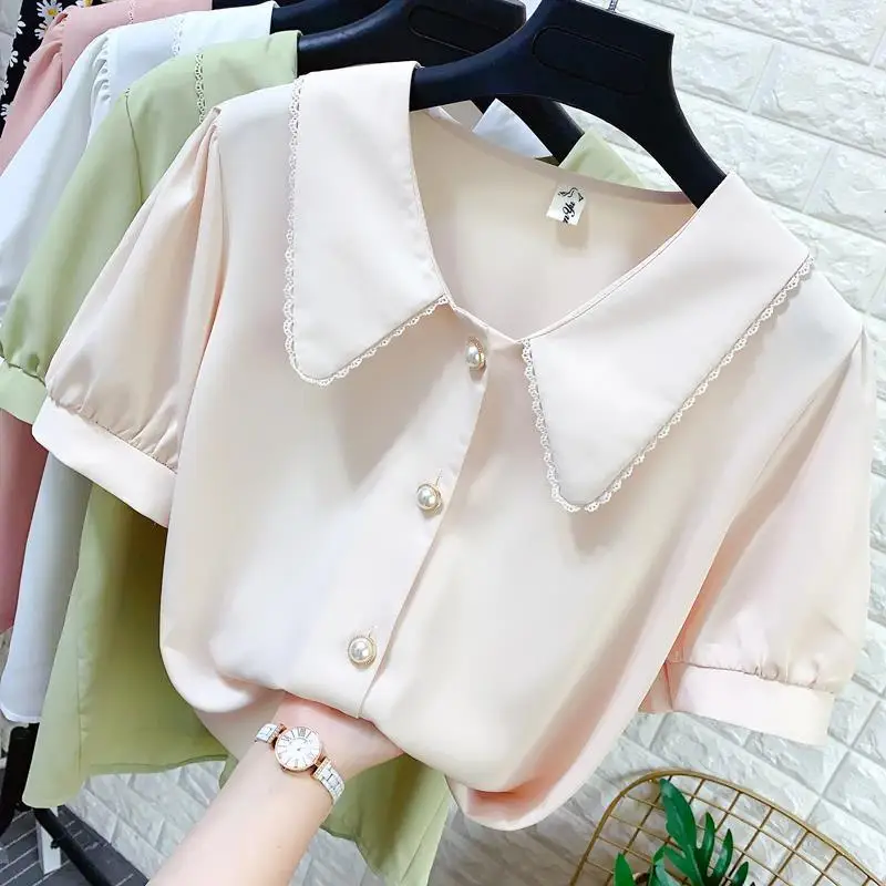 Women's Shirt 2024 New Doll Collar Short-sleeved Chiffon Blouse Summer Sweet Pearl Single-Breasted Shirts Casual Top Clothing