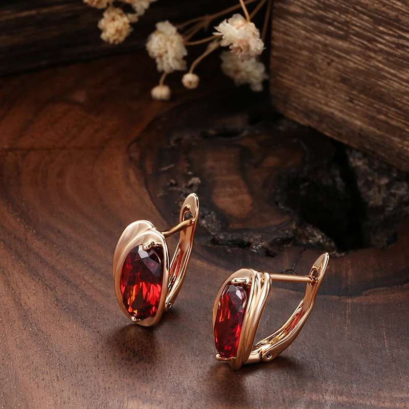 Kinel Luxury Red Natural Zircon Drop Earrings for Women 585 Rose Gold Color Trendy Big Earrings Fine Bride Wedding Jewelry 2022