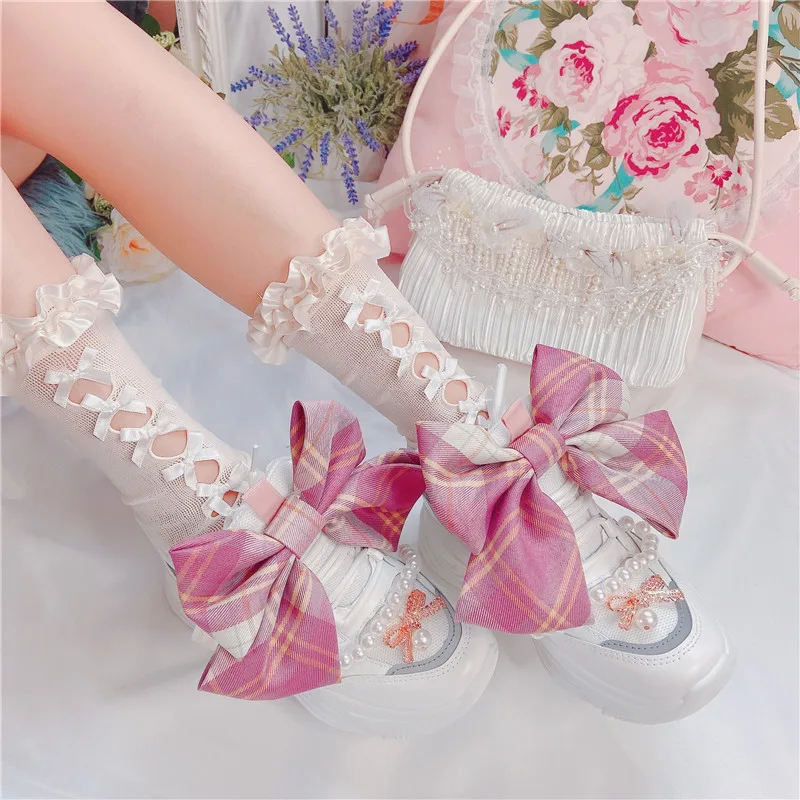 

Lolita Plaid Bowknot Sweet Girly Style Thick-soled Casual Sports Shoes Breathable Flat Platform Shoes Kawaii Shoes Loli Cosplay