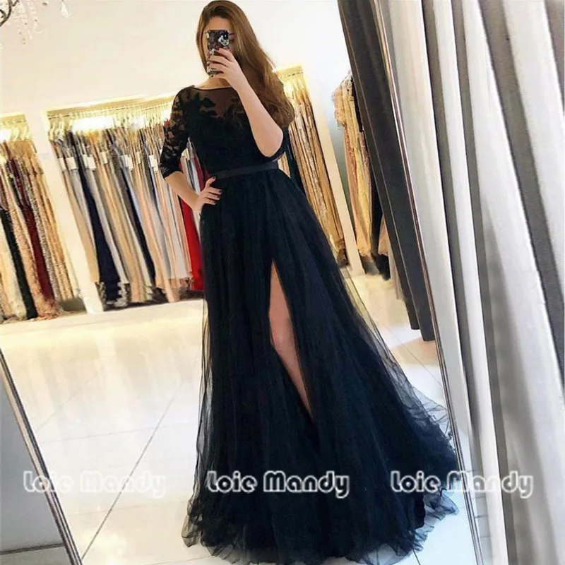 

Amazing Black Lace Prom Dress With Long Sleeves Sheer Scoop Neck A Line Evening Dress Party Cheap Plus Size Night Dinner Gown