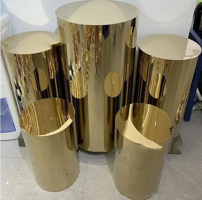 

5pcs stainless steel high-quality Customized Mirror Wedding shinny Gold Round Plinths Cylinder Pedestals For Wedding Party