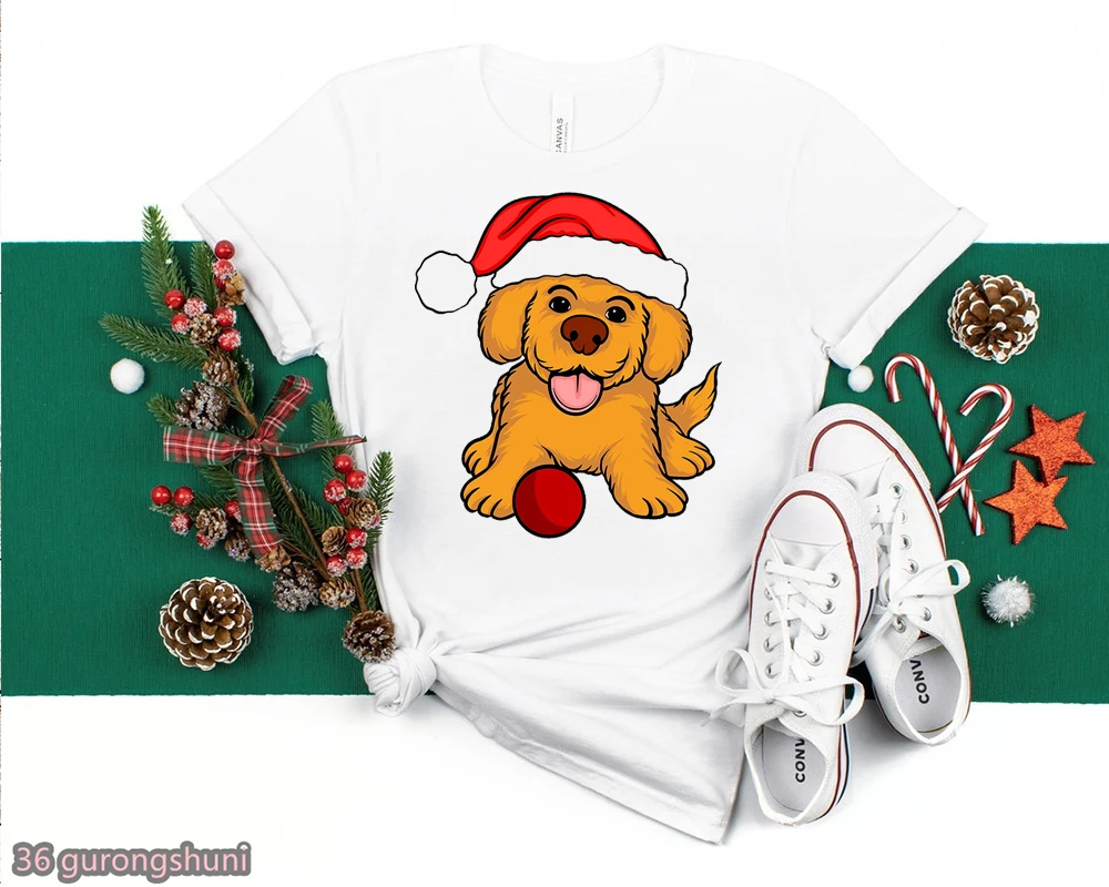 Cute Santa Dog Poodle/Chihuahua Cartoon Print T-Shirt Women Funny Kawaii Clothes Harajuku Shirt White Short Sleeve T Shirt Tops