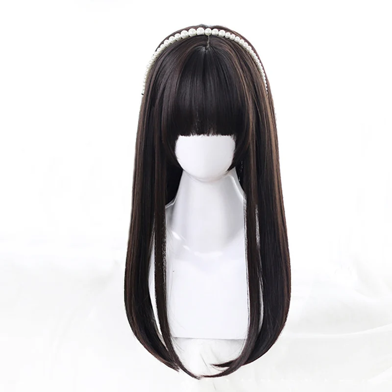 AOSI  Long Straight Hair Black Synthetic Lolita Wigs with Bangs for Women Fashion Female Cosplay Party Christmas Wigs