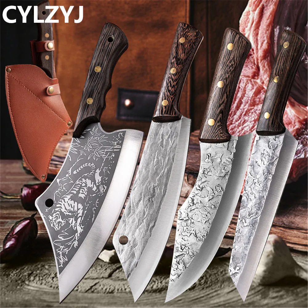 Forged Chef Kitchen Knives 1-4 Pcs Set Butcher Knife Meat Chopping Boning Cleaver Serbian Chef Knife 5CR15 Stainless Steel Knife