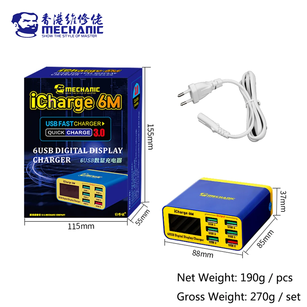Montir ICharge 6M QC 3.0 USB Smart Charge Mendukung Pengisian Daya Cepat dengan Pengisi Daya Multi-port Tampilan Digital LCD untuk Ponsel Tablet