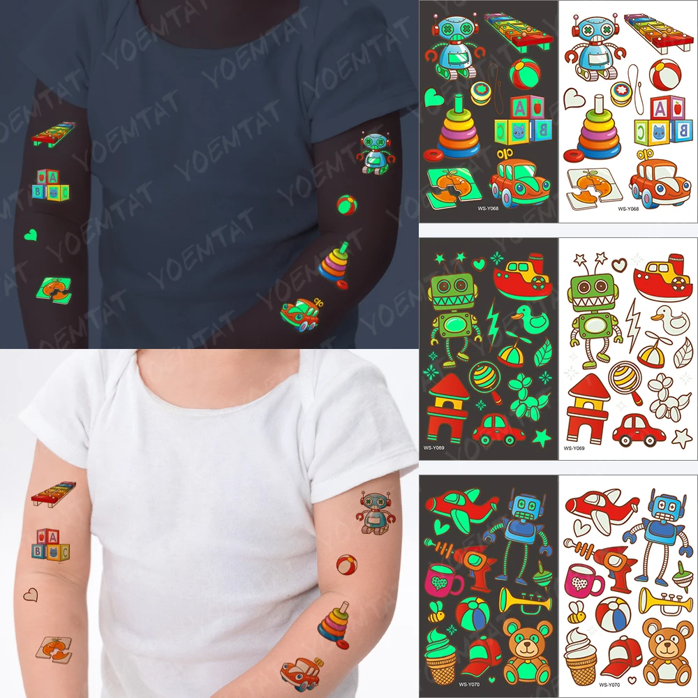 

Waterproof Temporary Tattoo Sticker Luminous Kids Cartoons Robot Car Toy Puzzle Glowing Tatoo Child Art Flash Fake Tatto Cool