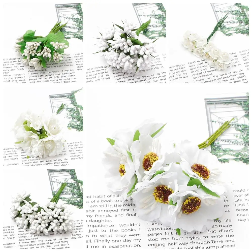 6/10/12/50/60/70/90/144pcs Beautiful White Flower Cherry Stamen Berries Bundle DIY Christmas Wedding Gift Box Wreaths Decor