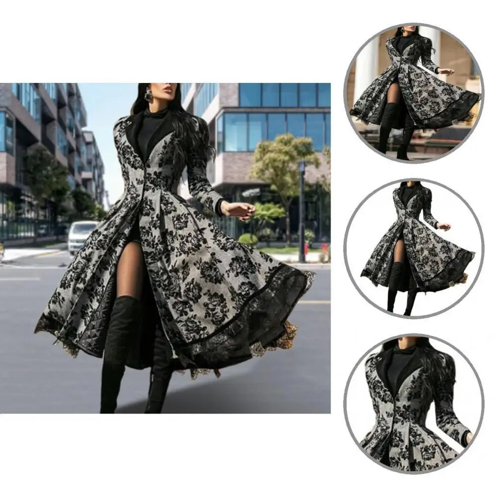 Chic Cosplay Women Dress Pleated Shoulder Fall Winter Vintage Dress  Floral Print Lapel Cosplay Dress Elegant Party