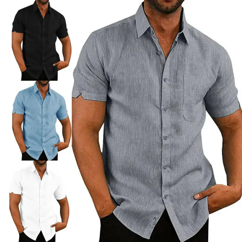 Hirigin Mens Blouse Short Sleeve Baggy Button Summer Solid Comfortable Casual Loose Holiday Shirts Tee Tops