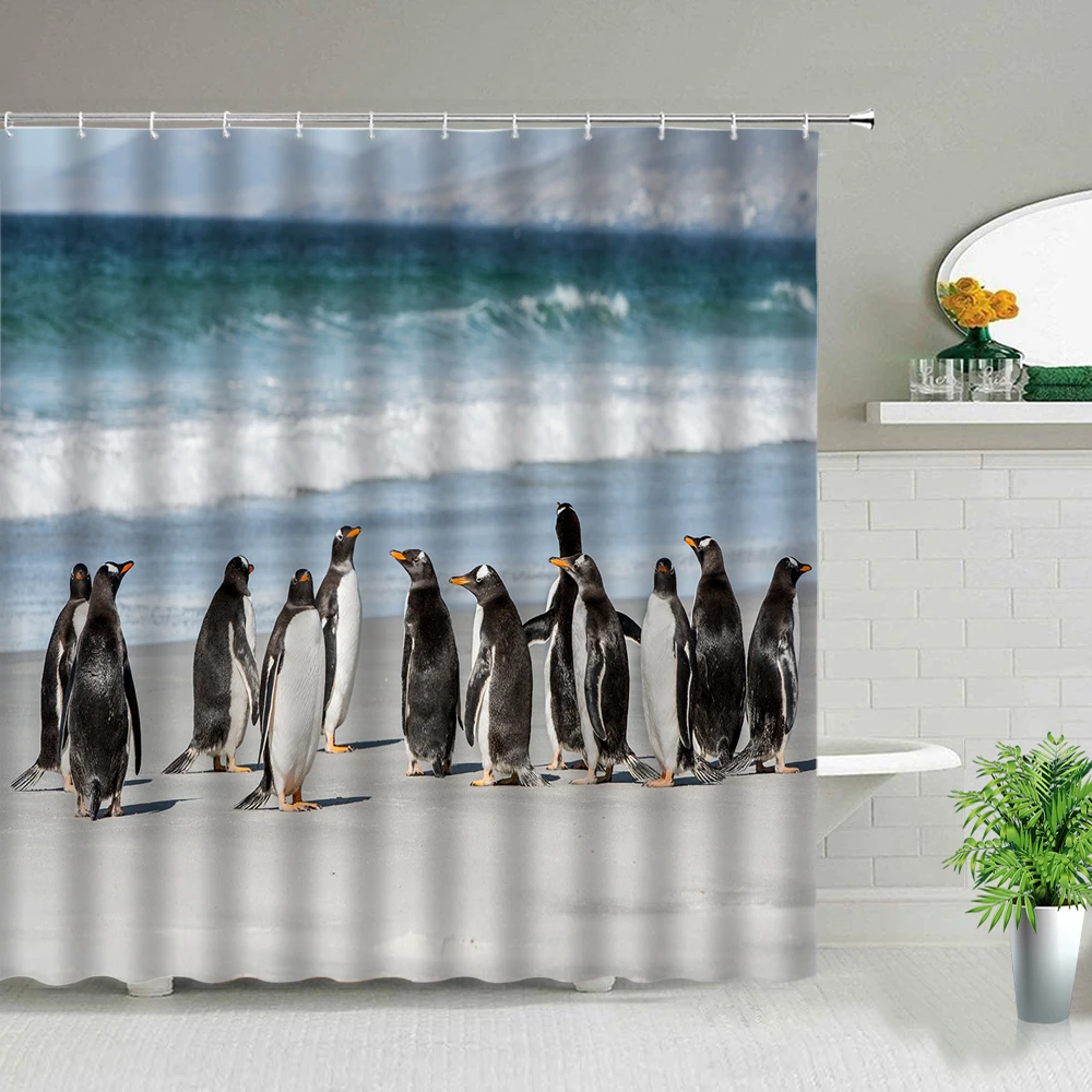 Simplicity Style Bathroom With Hooks Fashion Shower Curtain Easy Install Home Hanging Soft Penguin Printed Practical Waterproof