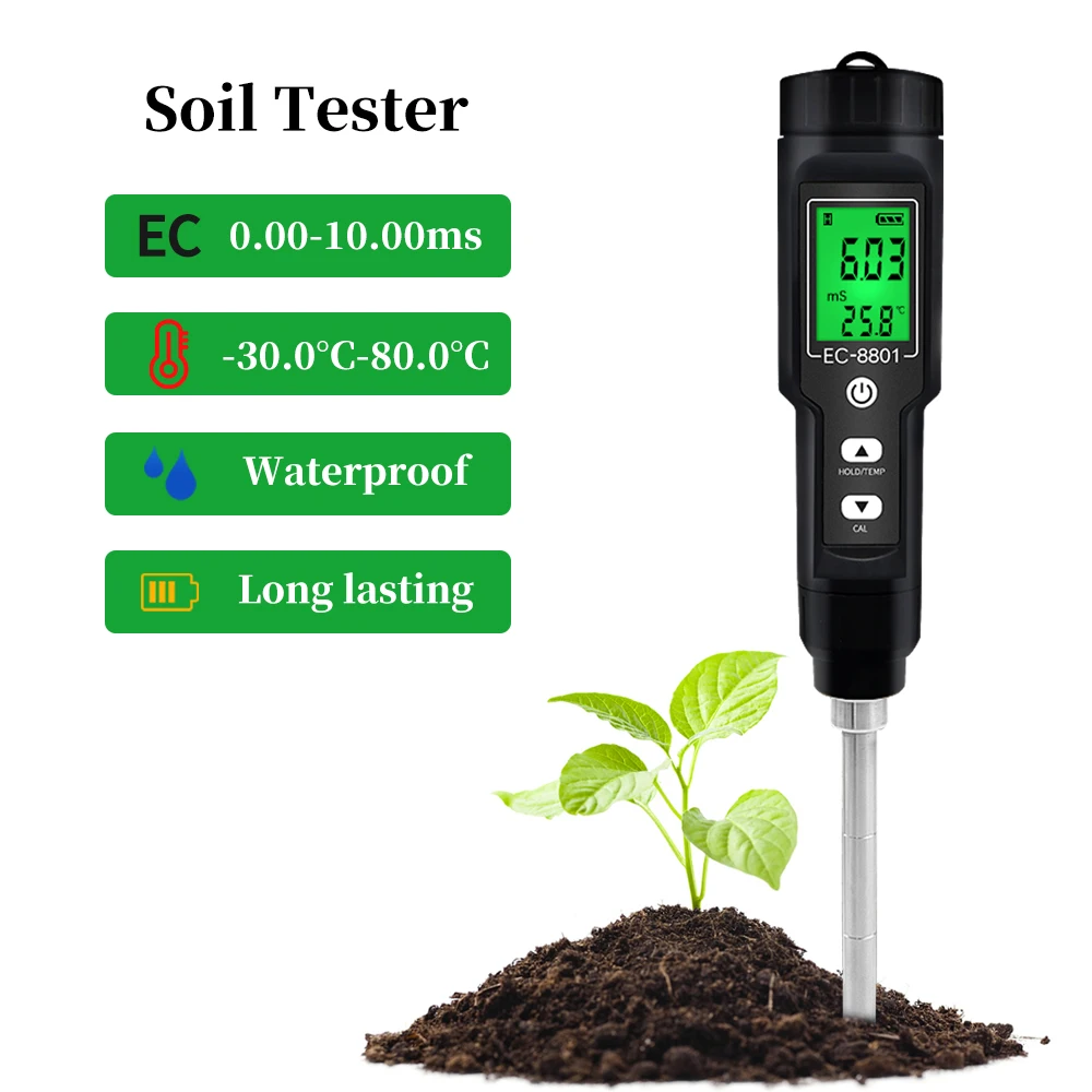 New EC/TEMP Soil Tester 0.00-10.00 mS/Cm Hand Digital Waterproof Garden Meter Soil Meter Tool Potted Plants Farm Agriculture